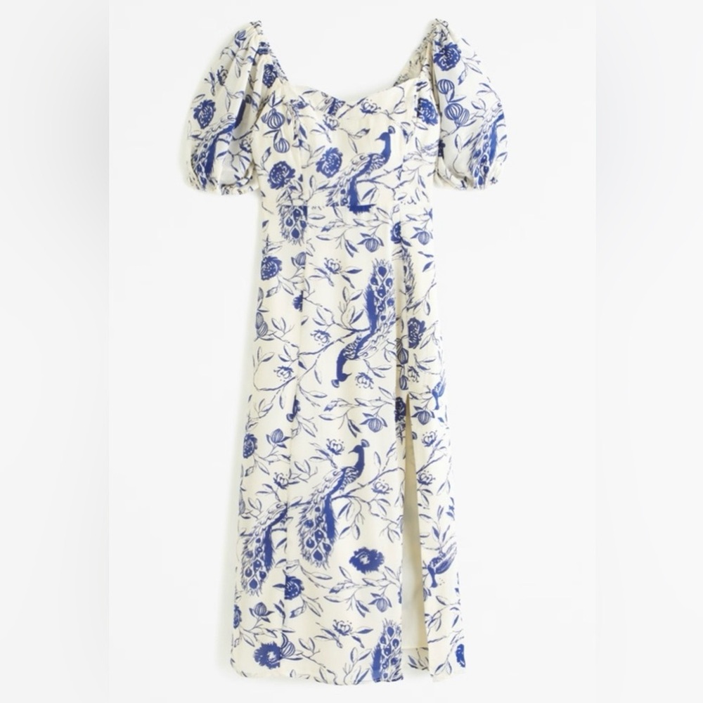 Abercrombie & Fitch Blue and White Puff Sleeve Midi Dress